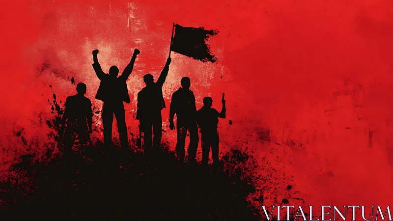 Silhouetted protest figures against high-contrast red grunge field