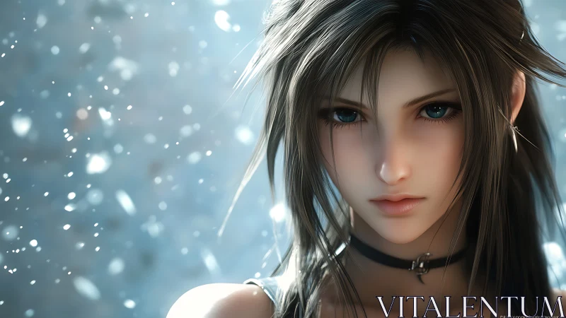 Gentle winter gaze of a silver‑haired anime heroine.