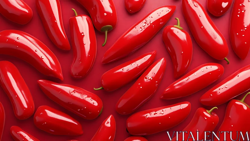 Glossy red chili peppers arranged on uniform red background.