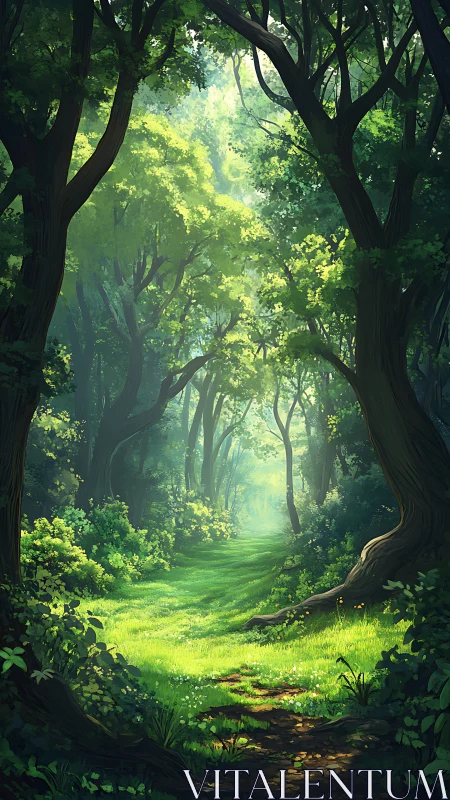 Sunlit Forest Path Through Ancient Trees.
