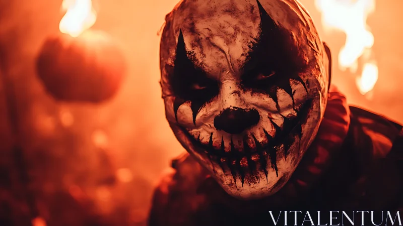 Pyro-illuminated horror clown portrait in shallow focus.