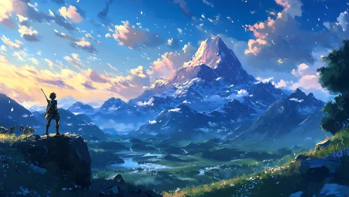 Lone wanderer greeting a sunrise-drenched fantasy peak.