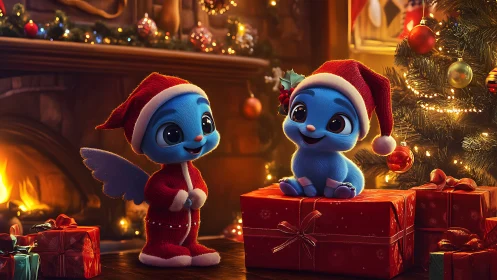Blue cartoon creatures celebrate Christmas by the fireplace