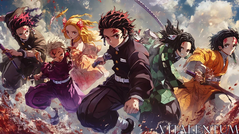 Dynamic anime swordsmen charging through swirling crimson skies.