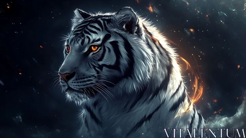 Mythic white tiger with ember halo in cosmic nightscape.