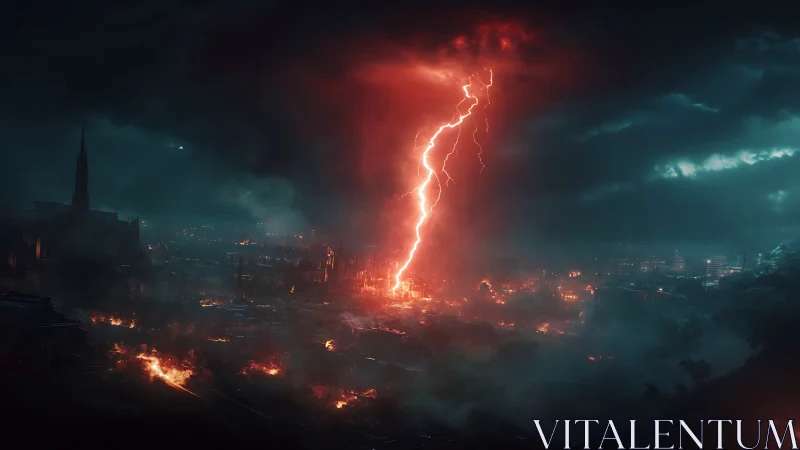 Red lightning strike illuminates burning urban landscape at night