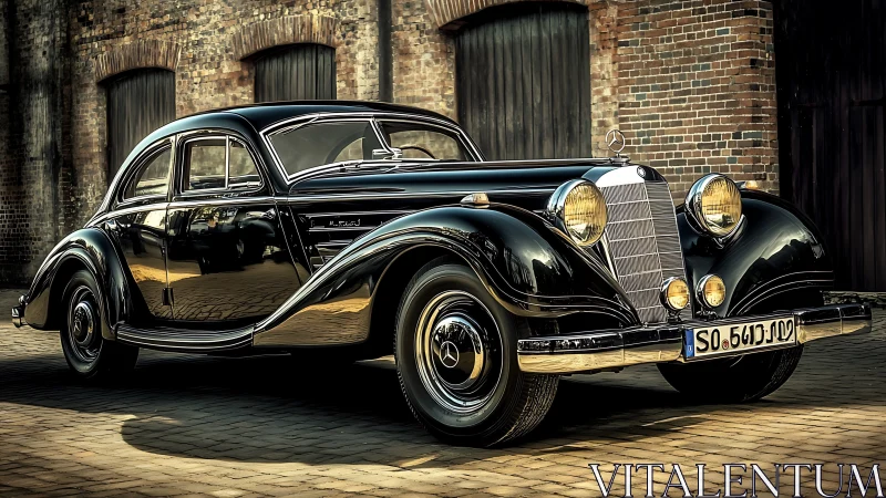 Vintage black luxury coupe reflects golden urban light.