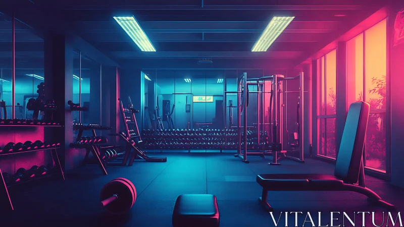 Neon twilight turns an empty weight room into sci fi stage