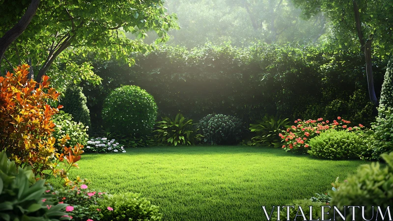 Sunlit garden lawn rests among lush trees and bright flowers
