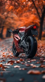 Photorealistic sport motorcycle on autumn roadway perspective.