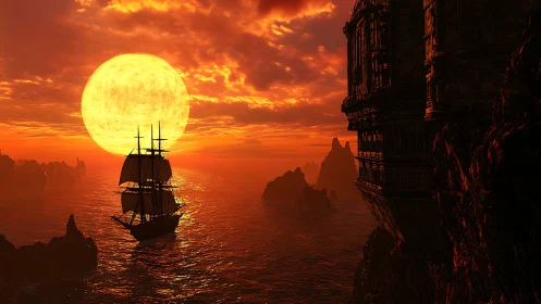 Golden sunset welcomes a lone ship past towering cliffs
