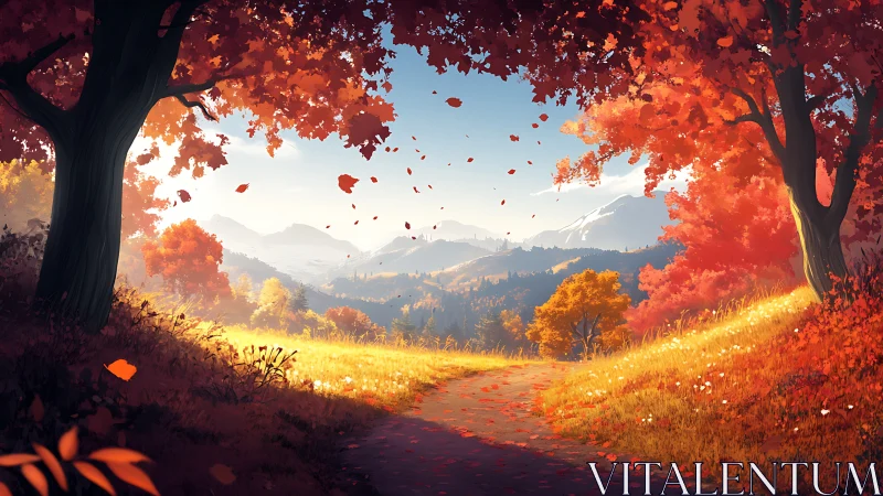 Golden autumn path opening toward peaceful mountain views.