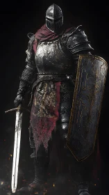 Battle-worn knight quietly stands ready behind a tall shield