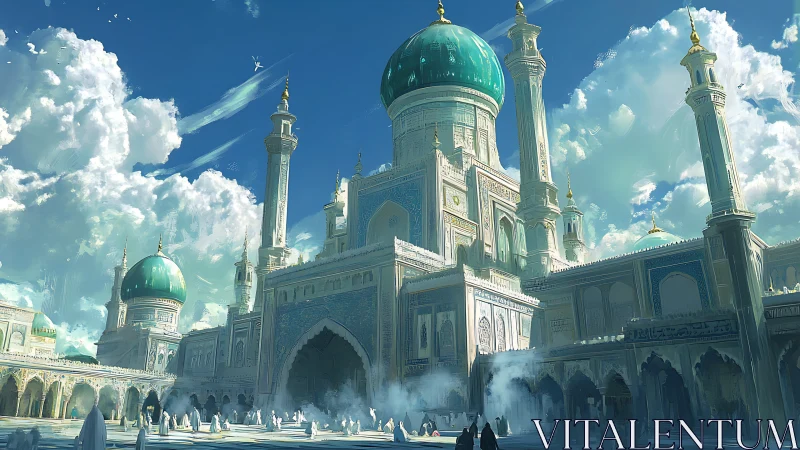 Celestial-domed courtyard mosque under volumetric sky illumination.