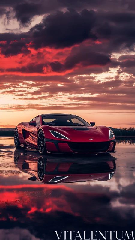 Red supercar under dramatic sunset sky reflection.