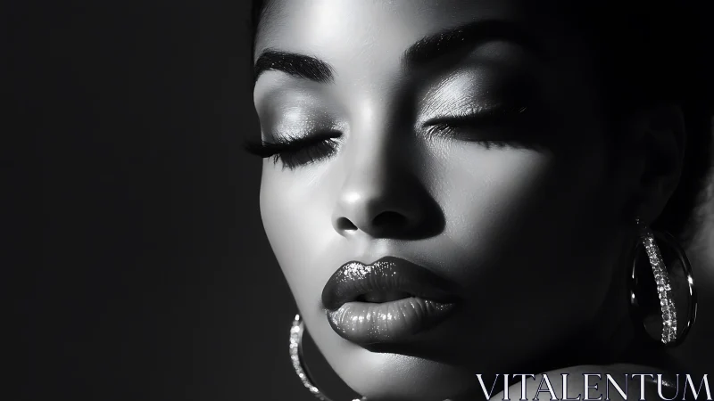 Monochrome close-up portrait with closed eyes and earrings.