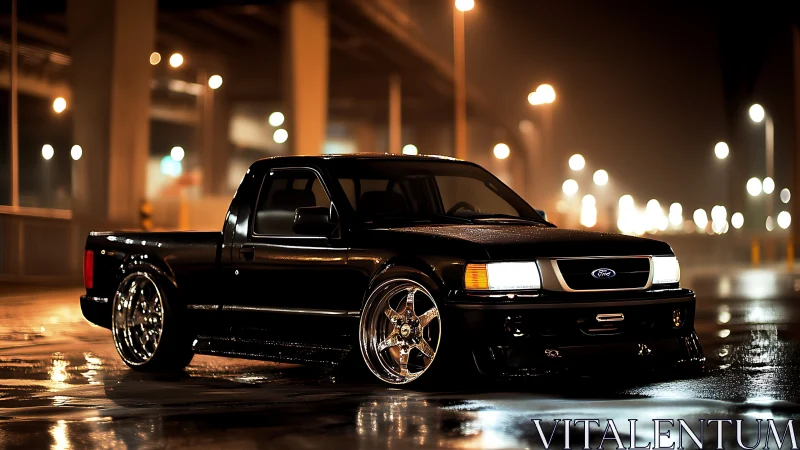 Sleek custom pickup truck glowing under rainy city lights.