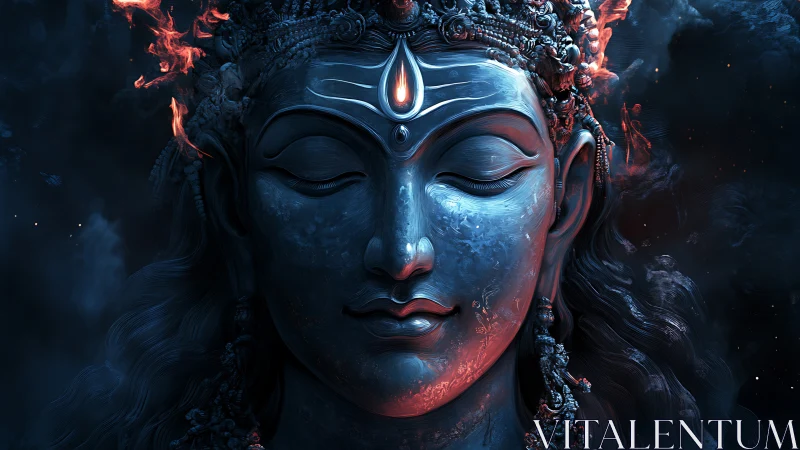 Divine blue deity face glows with fiery cosmic energy.