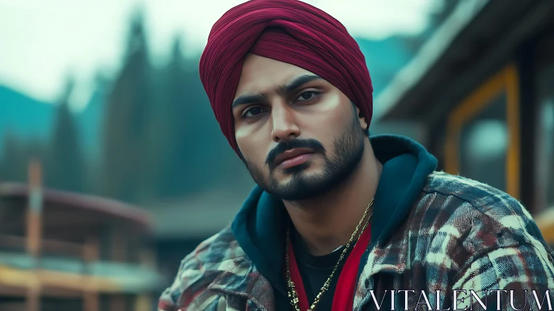 Quiet mountain moment with a thoughtful turbaned traveler.