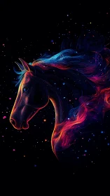 Nebula horse head glows in swirling cosmic neon strokes.