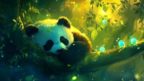 Moonlit panda slumbers among glowing forest dream-eggs.