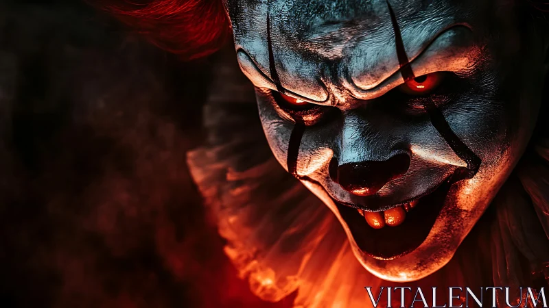 Close-up of sinister clown face with intense lighting.