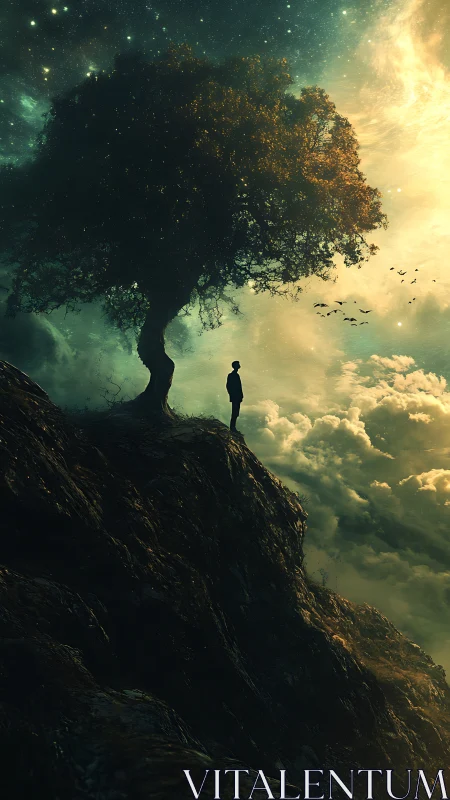 Stargazing dreamer beneath a glowing cliffside tree at dusk.