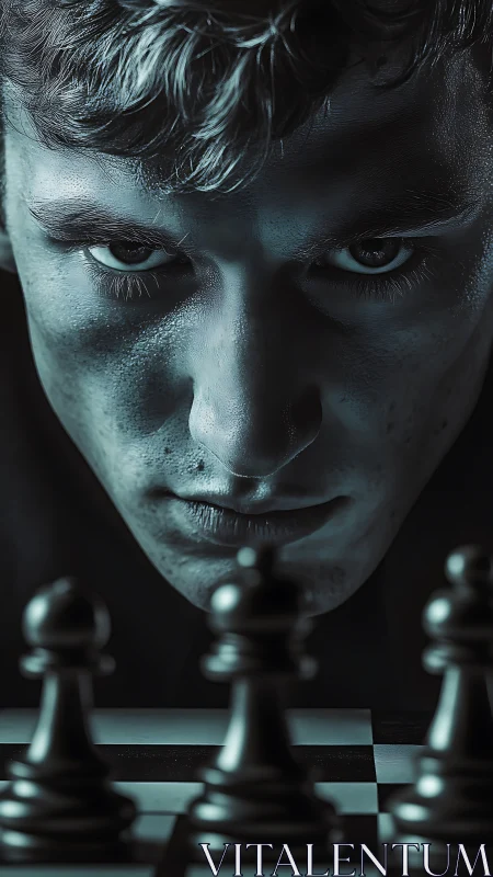 Intense chess player studies the board with cool focus