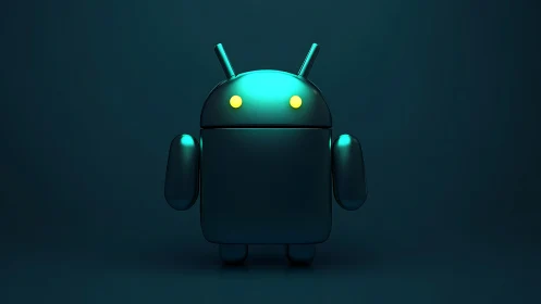 Glow-eyed teal robot mascot in a cozy dark studio.