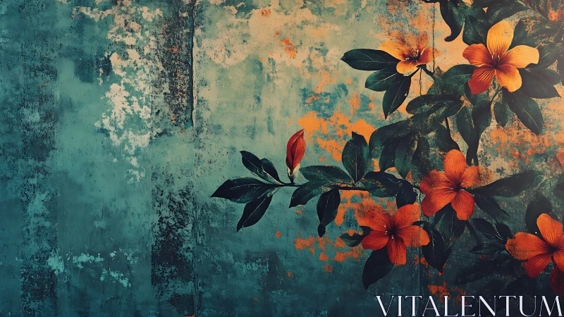 Weathered Textures: Tropical Florals Against Distressed Teal Wall