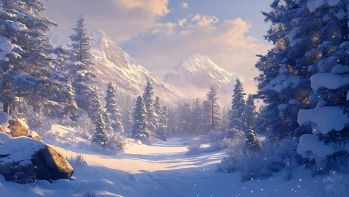 Sunlit winter valley reveals distant snowcapped mountain peaks