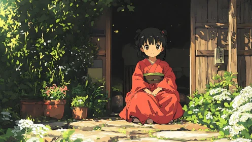 Young girl in red kimono resting at a sunny garden doorway.