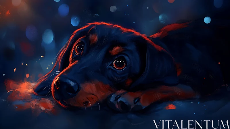 Digital dachshund portrait under glowing blue bokeh light.