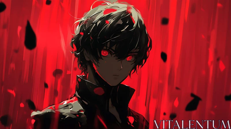 Dark anime antihero emerges through cascading crimson light