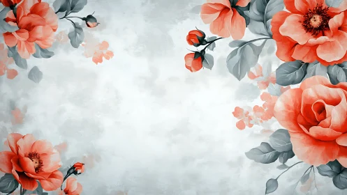 Coral Peonies and Gray Foliage Against Soft White Background.