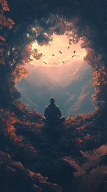 Solitary figure in forest opening viewing distant valley at dusk.