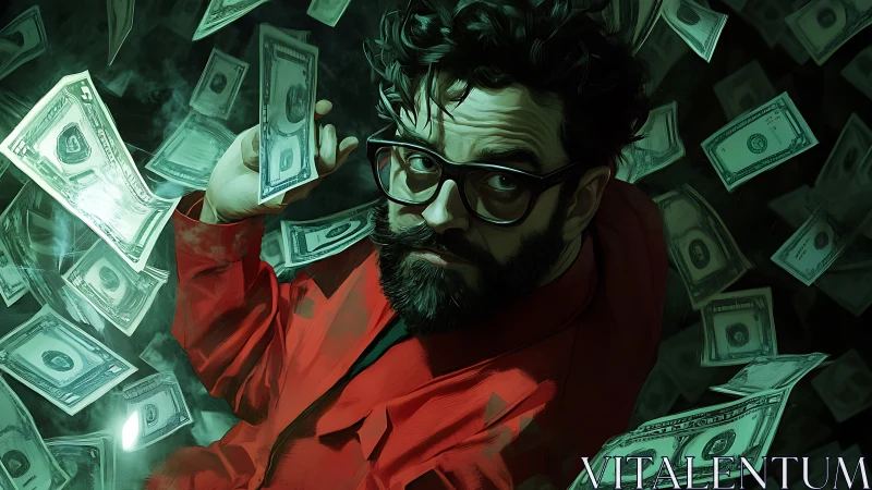 Man in red garment surrounded by floating dollar banknotes