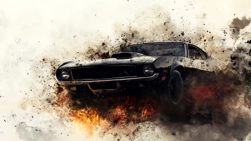 Muscle car erupts through fire and shattered debris in motion.