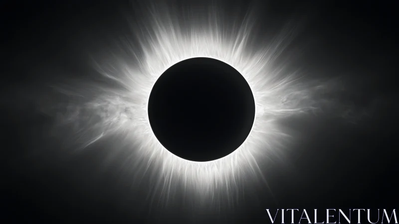 Solar eclipse halo crowns the void in ghostly white fire.