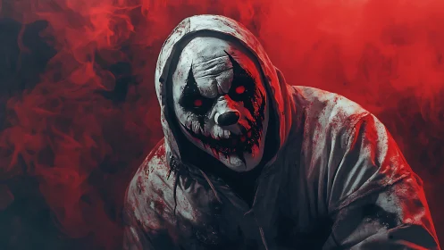 Hooded nightmare clown draped in eerie red smoke haze.