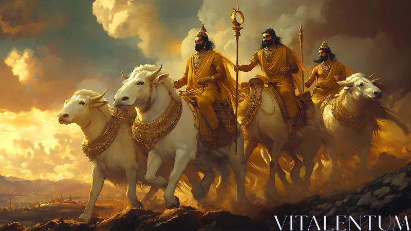Mythic warriors riding white bulls through glowing skies.