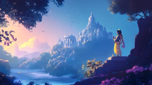 Digital painting of divine figure overlooking luminous temple valley.