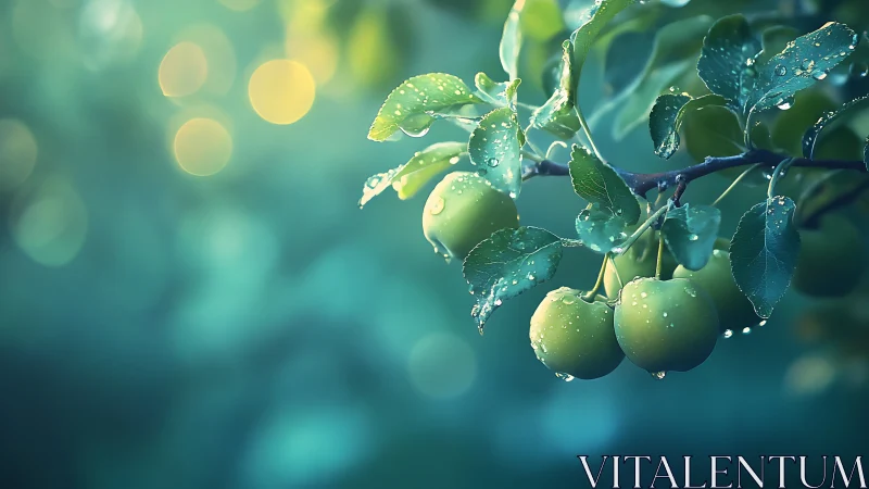 Green apples with dew on branch in soft morning bokeh.
