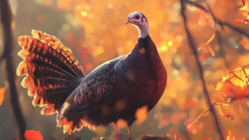 Wild turkey in autumn glow displays vibrant plumage dramatically.