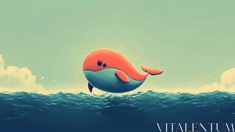 Digital painting of stylized whale over tranquil ocean horizon.