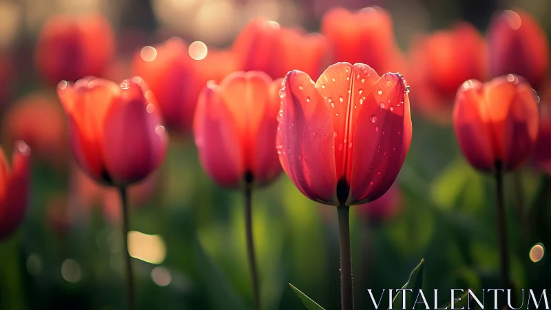 Red tulips with water droplets photographed in natural daylight conditions.