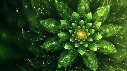 Fractal green flower structure radiates layered glowing petals