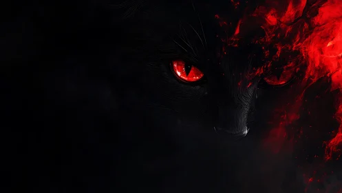 Fiery-eyed black cat emerges from swirling red darkness.