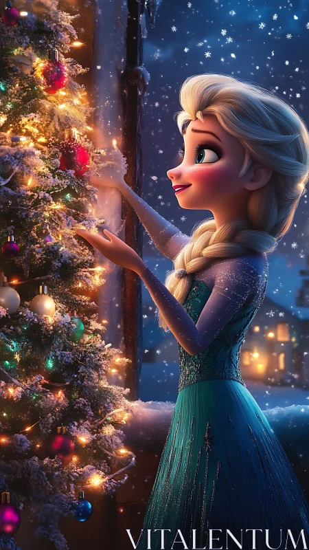 Snowy princess admires glowing Christmas tree at dusk
