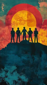 Friends on the hilltop bathed in a bold, hopeful sunset glow.